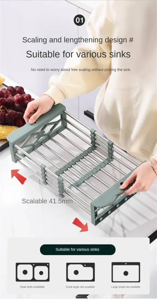 1pc Scalable Stainless Steel Sink Drying Rack, Minimalist Grey Over The Sink  Dish Rack For Kitchen