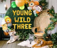 JOLLYBOOM Young Wild Three Party Balloon Set Green Latex Balloon Tiger Lion Foil Balloon for 3rd Birthday Decoration Supplies