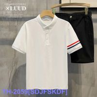 Top LUUD European Station Color-Blocking Three-Bar Polo Shirt Short-Sleeved Light Luxury Retro Casual Lapel Mens Slim Top YY ☬✇