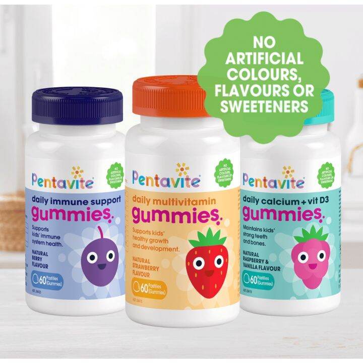 pentavite-daily-multivitamin-calcium-vit-d3-immune-kids-gummies-60-gummies-วิตามินรวม-เสริมภูมิ-แคลเซียม-วิตามินd3-วิตามินสำหรับเด็ก-อาหารเสริมเด็ก-บำรุงสมอง-อาหารเสริม-อาหารสำหรับเด็ก