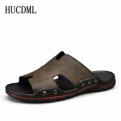 【CC】№  Mens Slippers Leather Sandals Big Size 39-48 Beach Anti-slip Mens Shoes 38-48