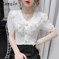 Luxqlo เสื้อคอวีผู้หญิงฤดูร้อนแขนสั้นเสื้อชีฟองหรูหราแฟชั่นสีขาวเสื้อสไตล์เกาหลี