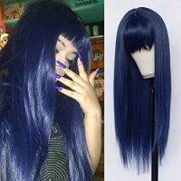 Suq Synthetic Replacement Hair Wig With Bangs Blue Color Heat Resistant  Wigs For Fashion Women