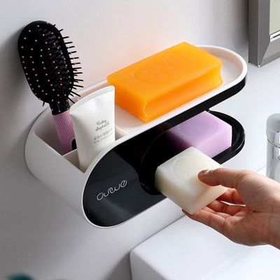 ☁ Drainer Soap Dish For Bathroom Multifunction Soap Holder With Hooks Organizer Punch-free Storage Box Bathroom