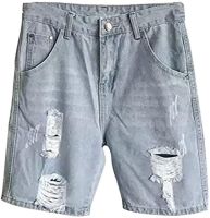 Mens Ripped Slim Leisure Jean Shorts Denim Straight Shorts Light Blue Classic Distressed Shorts with Pockets