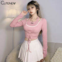 Cutenew สีชมพูหวานแฟชั่น Halter คอ Lacing สายคล้องคอ Patchwork Design แขนยาว Casual Slim Crop Tops Womens