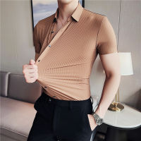 2023สไตล์อังกฤษผู้ชายฤดูร้อน Lce ผ้าไหมลำลองชายเสื้อแขนสั้นชาย Slim Fit Lapel Stripe ยืดชุดธุรกิจเสื้อ