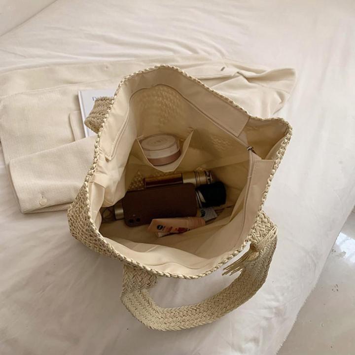 กระเป๋าถือแฟชั่นทำมือกระเป๋าผ้าทอสำหรับสุภาพสตรีจุของได้เยอะทำด้วยมือมีพู่ห้อยกระเป๋าช้อปปิ้ง