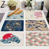 Vintage Janpan Kanagawa Wave Print Linen Dinning Mat Fish Scale Red-crowned crane Placemat Plum blossom Dining Table Mat Coaster