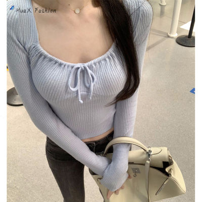 HuaX เสื้อยืดแขนสไตล์เกาหลียาวผู้หญิง,แฟชั่นเสื้อสวมหัวคอสี่เหลี่ยมเสื้อสีทึบตัดเสื้อลำลอง