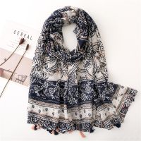 Blue and white porcelain Printed Scarves Tassels Wide Wrap Women Hijab