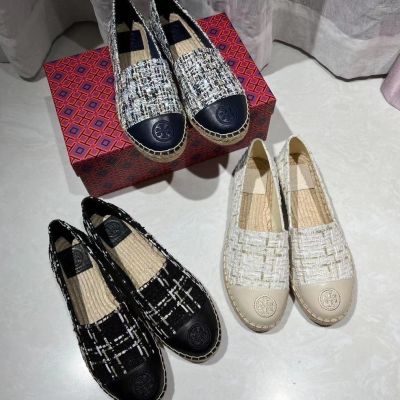 2023 new Tory Burch Three Colors Sheep leather/cloth top patchwork Fisherman shoes casual flats