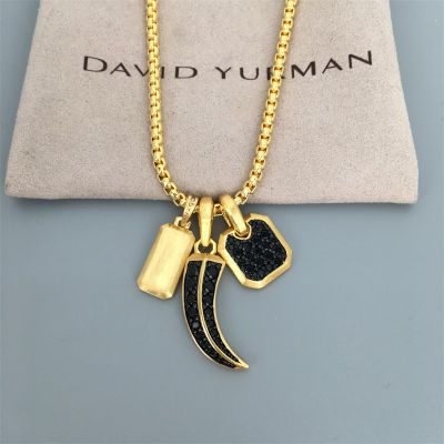 David Yurman สร้อยคอ Roman Claw Amuletin 18K สีเหลืองทอง Pave สีดำเงินจี้วันเกิด Gifts