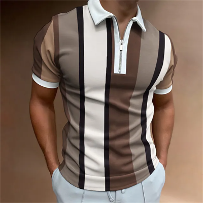 เสื้อโปโลมีซิปสำหรับผู้ชายฤดูร้อนเสื้อโปโลปกลายทางแขนสั้น3D พิมพ์ลายเสื้อชุดลำลองธุรกิจกอล์ฟเสื้อโปโลชาย