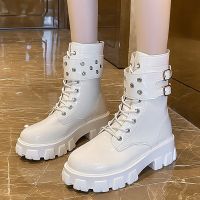 White Patent Leather Ankle Boots Woman Punk Double Buckle Motorcycle Boots Women Autumn Winter Warm Cotton Platform Botas 35-43