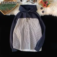 EERSHENSHI เสื้อสเวตเตอร์เสื้อเชิ้ตมีลาย ชุดสไตล์ฮ่องกงเสื้อเชิ้ตแขนยาวทรงหลวมอินเทรนด์หล่อเสื้อแจ็คเก็ตลำลองสำหรับผู้ชาย