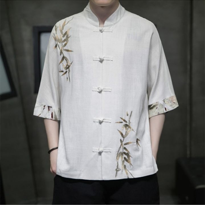 เสื้อปักลายสำหรับผู้ชาย-ใบไผ่ลินิน-tang-เสื้อครึ่งตัวเสื้อจีนสีบล็อกพิมพ์ลาย