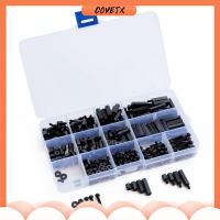 COVETX 320PCS ไนลอนทำจากไนลอน ที่กั้นระยะหกเหลี่ยมตัวผู้และตัวเมีย สีดำสีดำ M3 ถั่วคละแบบ สเปเซอร์เพิ่มระยะ ชุดน็อตและสลักเกลียว โครงการอิเล็กทรอนิกส์ DIY