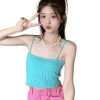 ผู้หญิงสายสปาเก็ตตี้ Casual Basic Cami Crop Tops Skinny Slim Fit Strappy ชุดชั้นในจีบ Ruched Solid Plain Bandeau
