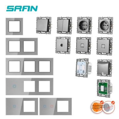 SRAN F6 Series Gray Glass Panel Light switch EU French electrical outlets Usb socket TV RJ45 Touch Module DIY