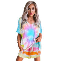 Tie Dye Print Basic T Shirt Shorts Two Piece Set Women Casual Outfits Loungewear Jogging Biker Shorts