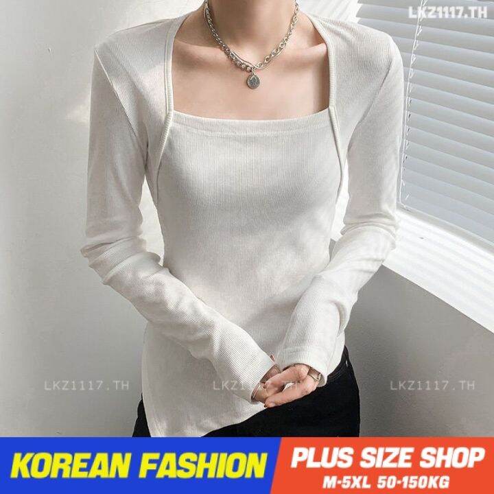 plus-size-เสื้อผ้าสาวอวบ-เสื้อยืดสาวอวบอ้วน-ไซส์ใหญ่-ผู้หญิง-เสื้อยืดรัดรูป-แขนยาว-คอเหลี่ยม-สีดำ-ฤดูใบไม้ผลิ-สไตล์เกาหลีแฟชั่น