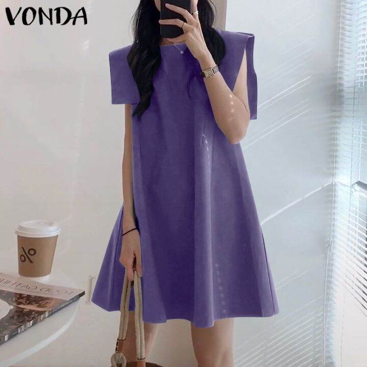 vonda-ชุดมินิเดรส-แขนกุด-คอกลม-สีพื้น-ทรงหลวม-สไตล์เกาหลี-สําหรับสตรี