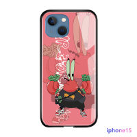 GGK เคสเคสสำหรับ Apple iPhone 15 Plus 15 Pro Max 15 Pro กันกระแทกน่ารักการ์ตูน SpongeBob สี่เหลี่ยมนุ่มขอบเคสมันวาวกระจกเทมเปอร์ฝาหลัง