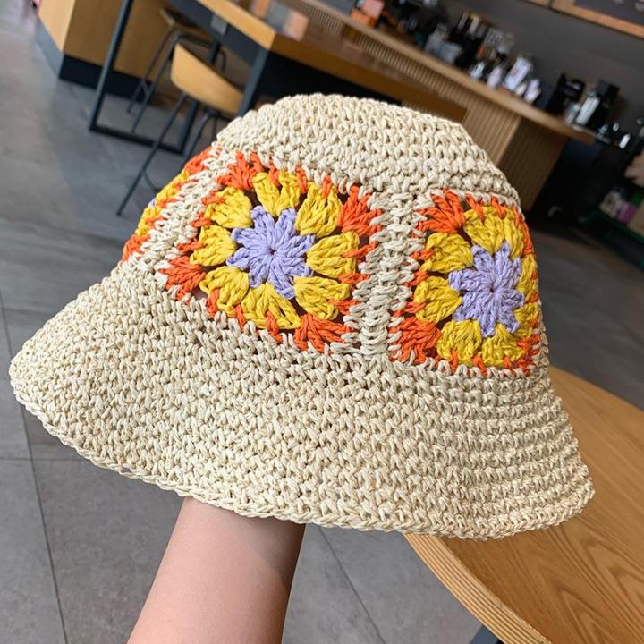 hot-summer-outdoor-paper-straw-hat-women-beach-holiday-sun-wide-brim-hand-woven-flowers-daisy-bucket-straw-hat