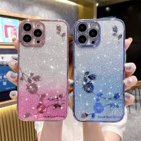 เคสใสลายดอกกุหลาบไรน์สโตนระยิบระยับเคลือบหรูหราสำหรับ iPhone 15 13 14 12 11 Pro Max X XR XS 7 8 Plus ฝาครอบซิลิโคนนิ่ม