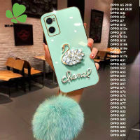 เคสเพชรเงางามหงส์สุดหรู + เคสโทรศัพท์ลูกบอลมีขนสำหรับ OPPO A5 A9 A3s A5s A17k A7 A12 A12e A52 A15 A53 A83 A16k A57 A78 A15s A16 A16e A17 A74 A31 A33 A55 A92 A54 A91 A77 a93 A94 A95 A96