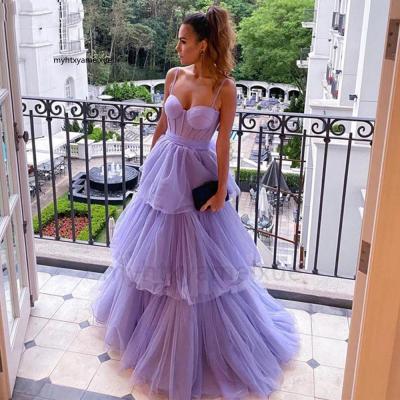 Cke CWwartSexy Lavender A Line Tulle Long Luxury Prom Dresses 2023 Layered Skirt Evening Gowns Spaghetti Straps Bow Sash Womens Party Dress