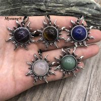 Ancient Round Natural Gems Tiger Eye Lapis Stone Rose Quartzs Crystal Amethysts Vintage Sun Pendants For Necklace Jewelry