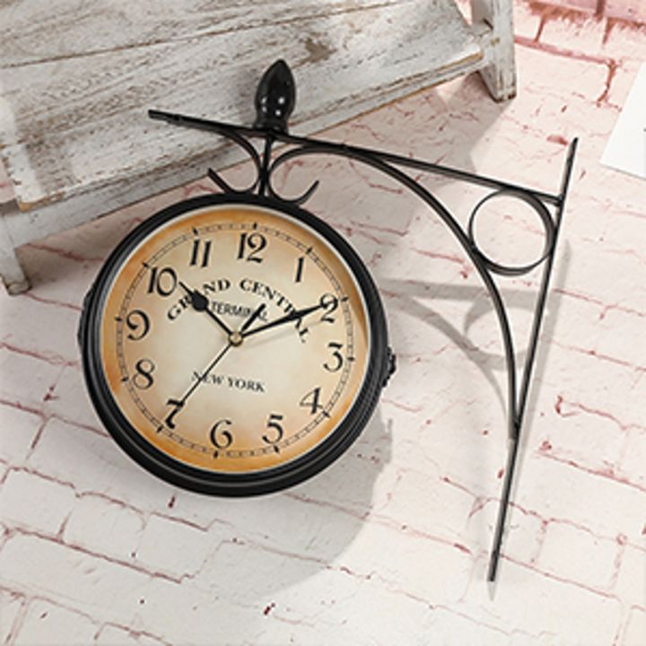 นาฬิกาแขวนสองด้าน-wrought-iron-station-นาฬิกา-garden-retro-bracket-mounted-outdoor-indoor-home-garden-wall-clock