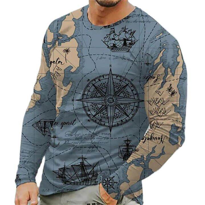 เสื้อยืดพิมพ์แผนที่วินเทจสำหรับผ้าฝ้ายแขนยาวพิมพ์ลายประทับสำหรับผู้ชายเสื้อยืดสำหรับฤดูใบไม้ผลิคอกลมเสื้อลำลองทุกวันเสื้อยืดทรงโอเวอร์ไซส์ขนาดยุโรป