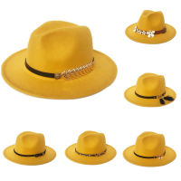 Fedora หมวกรูปแบบต่างๆเข็มขัดฤดูใบไม้ร่วงฤดูหนาวสีเหลืองสบายๆอย่างเป็นทางการผู้หญิงฤดูหนาวหมวกชุดปานามาแจ๊สหมวกกลางแจ้ง F Elted หมวก