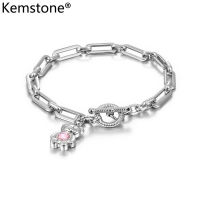 Kemstone สแตนเลสหญิงคริสตัลสีชมพูหมี OT หัวเข็มขัดโซ่ Charm Link สร้อยข้อมือเครื่องประดับสำหรับผู้หญิง