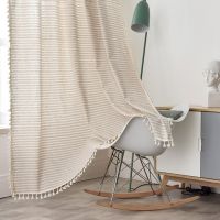 【YD】 Striped Window Curtain Half Blackout Curtains for Room Bedroom Tassel Fabric Door Curtaion Cotinas De Sala