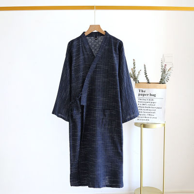 Spring And Summer New Style Japanese Kimono Mens Bathrobe 100Cotton Striped Nightgown Plus Size Yukata Home Sweat Steaming Set