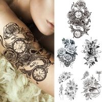 Black Flower Skull Waterproof Temporary Tattoo Women Beauty Hand Clock Compass Fashion Fake Tattoos Arm Art Sleeve Sticker Girl