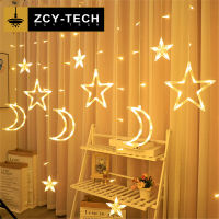 ZCY 3.5เมตรดวงจันทร์ดาวม่านไฟไฟ LED เชือกนางฟ้าไฟคริสต์มาสในร่มสำหรับงานแต่งงานบ้านห้องห้องนอนลานตกแต่งตั้งแคมป์รั้วบรรยากาศโคมไฟไฟ220โวลต์สหภาพยุโรปเสียบ