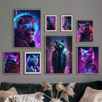 Sumanssa Cyberpunk Neon Light Future สัตว์แมวสุนัข Lion Fox โปสเตอร์ Nordic Wall Art พิมพ์ภาพวาดผ้าใบสำหรับตกแต่งห้องนั่งเล่น New