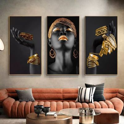 โปสเตอร์ผ้าใบศิลปะติดผนังผู้หญิงแอฟริกันสีดำพร้อมของตกแต่งสีทอง-ตกแต่งห้องนั่งเล่น
