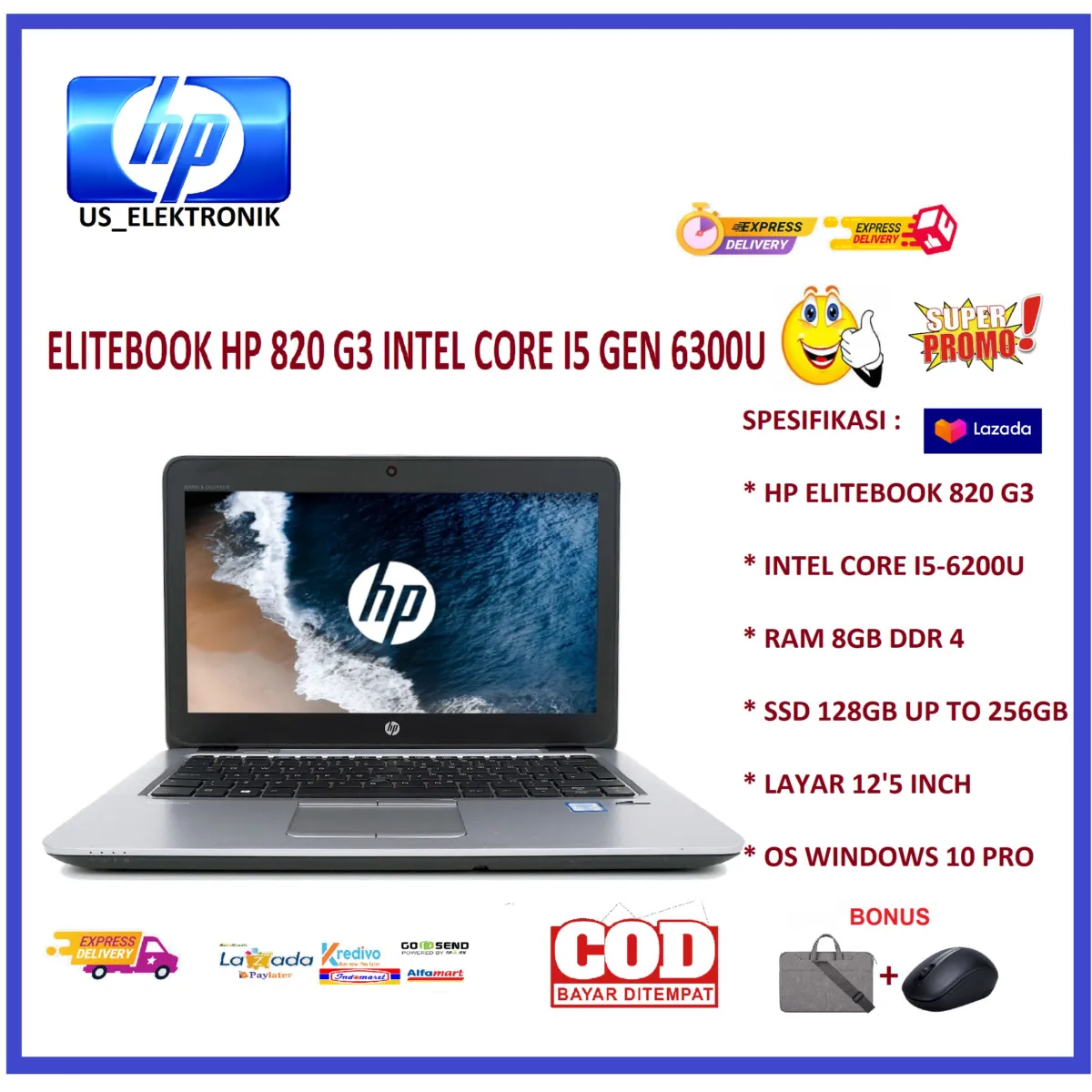 PROMO MURAH LAPTOP HP ELITEBOOK 820 G3 CORE I5 GEN 6 RAM 8GB SSD