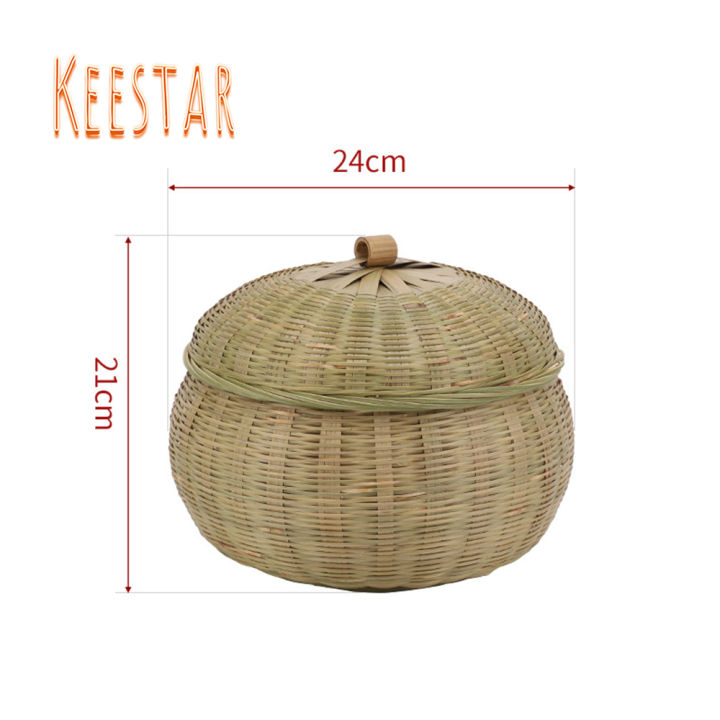 keestar-ตะกร้าไม้ไผ่ใส่ของ-ตะกร้าฟักทองกลมทำจากไม้ไผ่สานมือบริสุทธิ์ผลิตภัณฑ์ไม้ไผ่ใช้ในครัวเรือนพร้อมฝาปิด