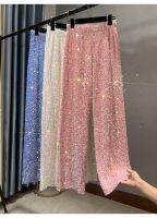 Veet Leggings ประดับด้วยเลื่อมกับจี้ยาวมีความบางและ Sparkly กางเกงขาตรงสบายๆสำหรับผู้หญิง