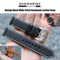 สายนาฬิกา สายหนังวัวแท้ overwrist vintage black white stitch handmade leather strap 20,22,24mm