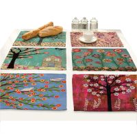 Cartoon Tree of Life Bird Flower Design Kitchen Placemats for Dining Table Cloth Rectangle Accessories Cup Coaster Doilies