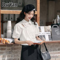 Du YAN เสื้อเชิ้ตผู้หญิงแขนพองสั้น,เสื้อปกแขนสั้นแบบมีเชือกผูก