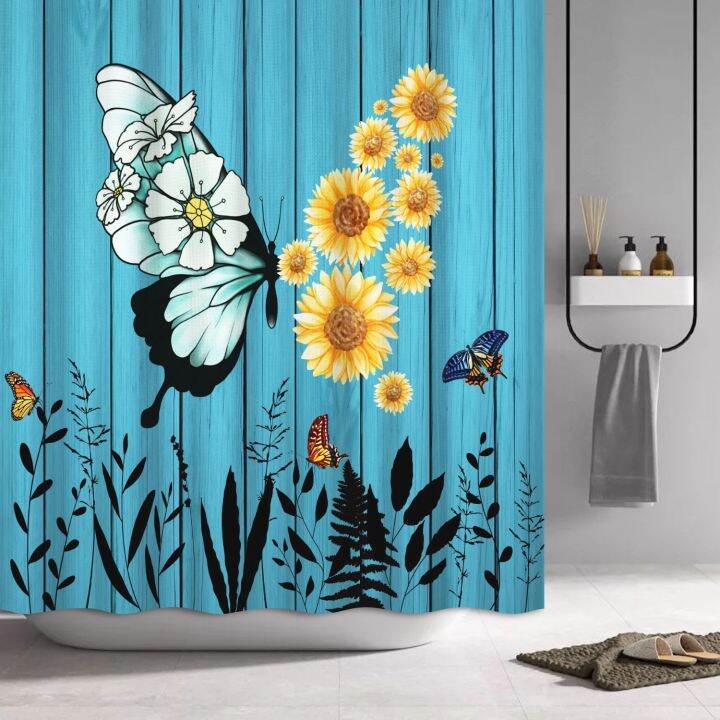 cyan-wood-flowers-thick-waffle-butterfly-stripe-shower-curtain-waterproof-shower-curtain-simple-hook-bathroom-tub-shower-cover